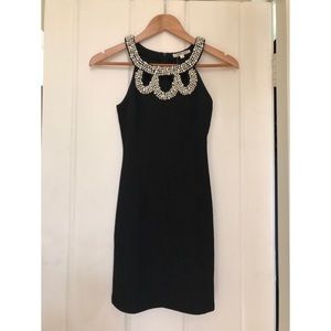 Black mini cocktail LBD dress embellished rhinestones & pearls
